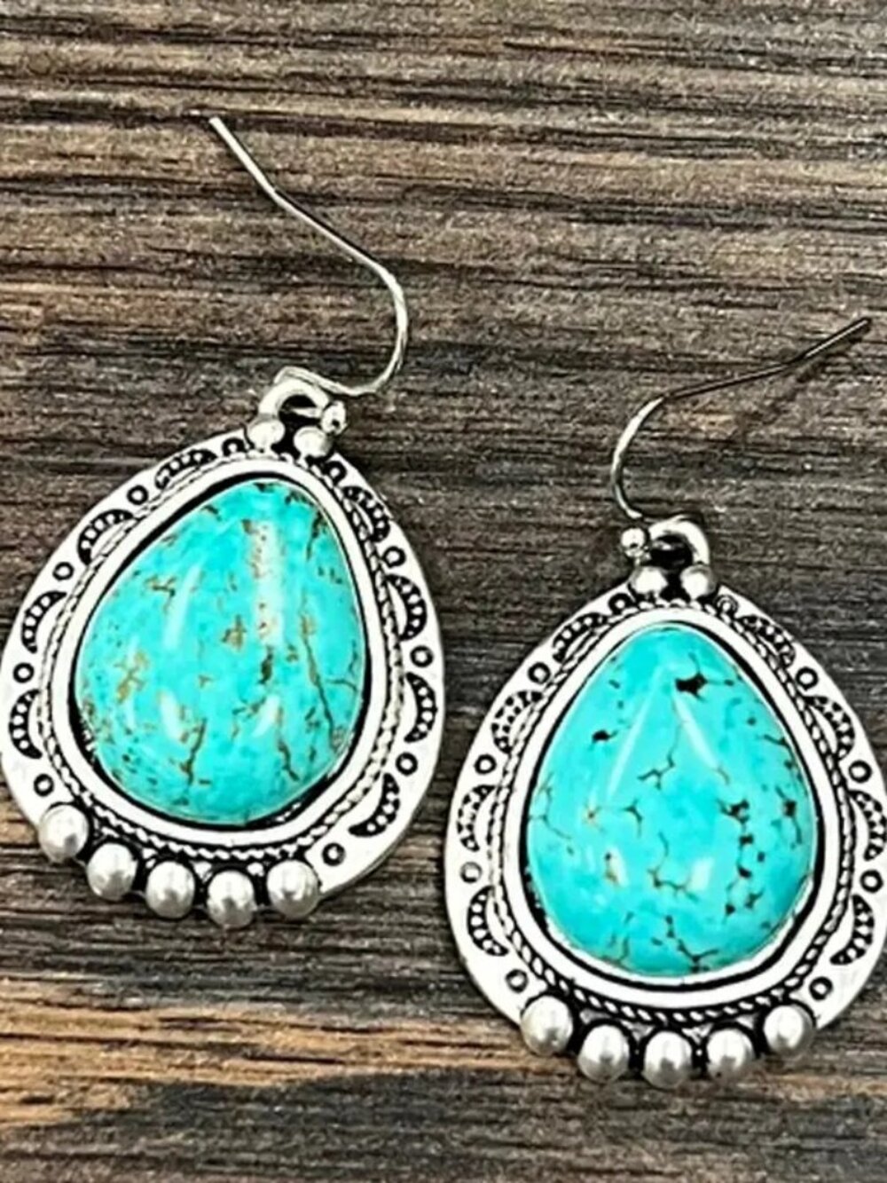 Western Turquoise Teardrop Earrings Silver Boho Rodeo Cowgirl Jewelry
